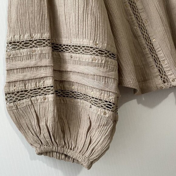 Free People Summer Stars Puffy-Sleeve Button Down Crochet Trim Top XS Brown - Picture 14 of 16